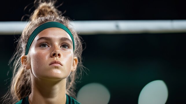 A close-up shot of a young athlete gazing intensely ahead in a competitive atmosphere, conveying determination and focus, with soft bokeh effects enhancing the mood.