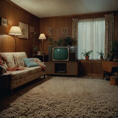 A cozy 1970s living room with shag carpet, wood-paneled walls, and a tube TV showing static
