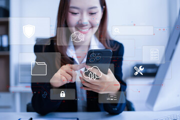Hand touching secure access service edge icon on smartphone virtual screen background, password,...