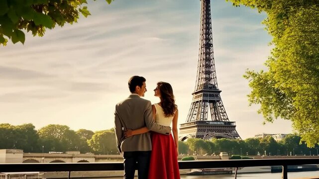A man and a woman in love in Paris against the backdrop of the Eiffel Tower with flowers. Selective focus. Couple.