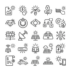 Collection of Renewable Energy and Sustainability Icons Depicting Solar Power and Efficiency