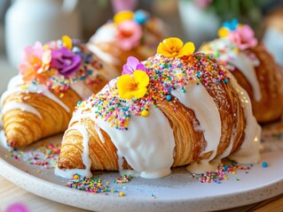 Croissants filled with ice cream dipped in colorful icing and decorated with flowers and sprinkles