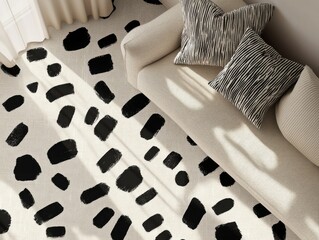 Minimalist fabric design with irregular black and white hatchings emphasizing geometric shapes