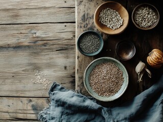 Serene wooden table with flax pumpkin sesame sunflower seeds highlighting healthy lifestyle nutrition