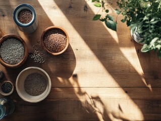 Serene wooden table with flax pumpkin sesame sunflower seeds highlighting healthy lifestyle nutrition