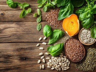 Vibrant wooden table with flax pumpkin sesame sunflower seeds and fresh herbs for natural healing