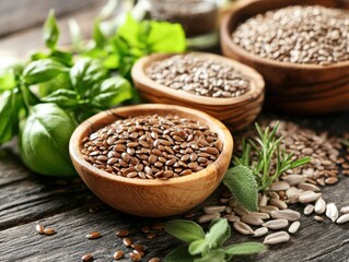 Vibrant wooden table with flax pumpkin sesame sunflower seeds and fresh herbs for natural healing