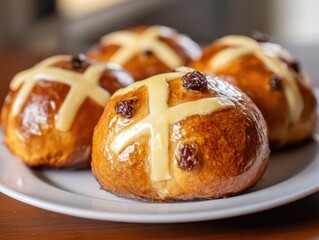 Traditional hot cross buns fresh from oven decorated with icing crosses on rustic wooden table