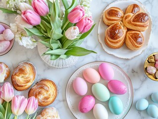 Easter brunch setup with colorful dyed eggs pastries and fresh tulips as vibrant centerpiece