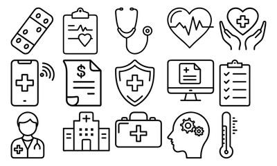 Medical icon set with various symbols and illustrations in vector style