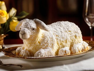 German osterlamm cake shaped like a lamb dusted with powdered sugar on an elegant platter
