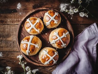 Traditional hot cross buns fresh from oven decorated with icing crosses on rustic wooden table