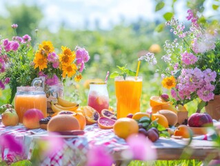 A picnic table surrounded by blooming flowers, fresh fruits, and beverages, bright and cheerful spring day