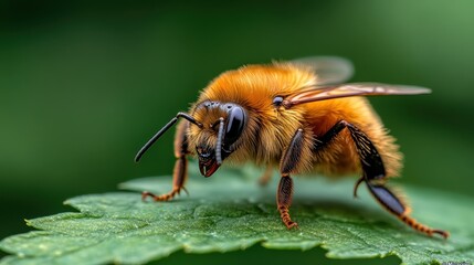 A striking close-up of a vibrant bee perched on a green leaf, showcasing intricate details and colors, while highlighting the beauty and importance of nature's small creatures.