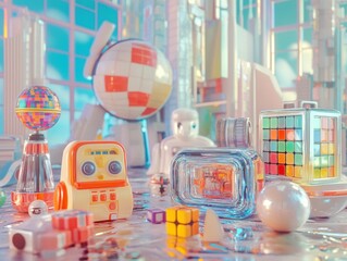 A whimsical mix of retro toys against a futuristic background