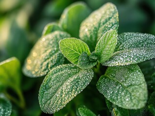 Close-up of green leaves and plants with soft morning light, gentle breeze, spring is in the air