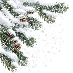 Pine branches covered in snow and falling snowflakes, Pine branches blanketed in snow, surrounded by softly falling snowflakes, isolated on transparent background