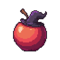 Pixel Art Magic Apple with Wizard Hat, Pixel art illustration of a red apple wearing a dark purple wizard hat, complete with a tiny stem.