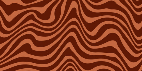 Retro coffee color background. Milk chocolate liquid dessert texture. Wavy swirl candy pattern for poster, cover, banner, pamphlet. Vintage brown trippy hippie wallpaper in 60s or 70s style. Vector