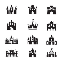 Collection of Simple Black and White Castle Icons, vector art on white
