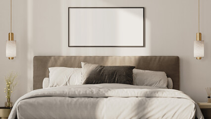 Horizontal frame mock up above the bed in modern bedroom interior, front view, 3d render