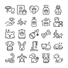 Fototapeta premium Collection of Pet Related Icons in a Black and White Line Art Style