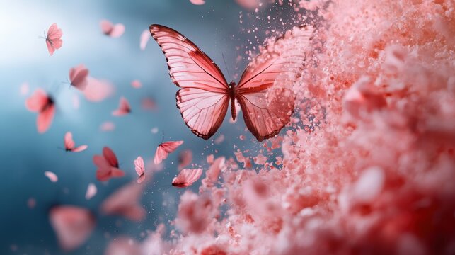 A stunning display of pink butterflies fluttering amidst a dreamy, soft-focus background, capturing the tranquility and beauty of nature’s vibrant elements and their grace.