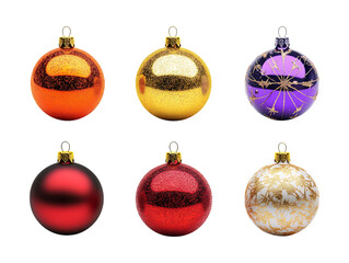 Pack Collection Six Colorful Christmas Ornaments Red Gold Orange Purple Festive Decorations Holiday Baubles set against transparent background