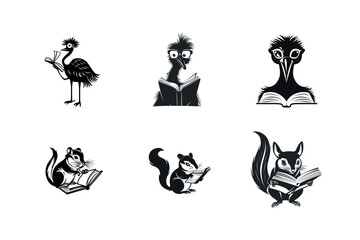 Fototapeta premium Cute animals reading books black and white illustrations
