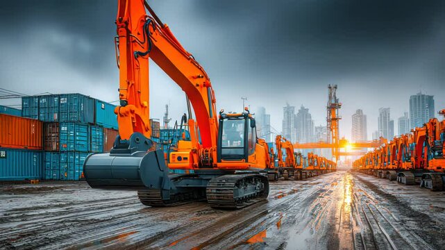 Row of bright orange excavators parked outside a modern industrial building under a cloudy sky