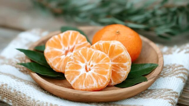 Close-up shot of organic mandarins, their juicy orange segments sliced on a wooden plate, surrounded by green leaves, showcasing natural freshness