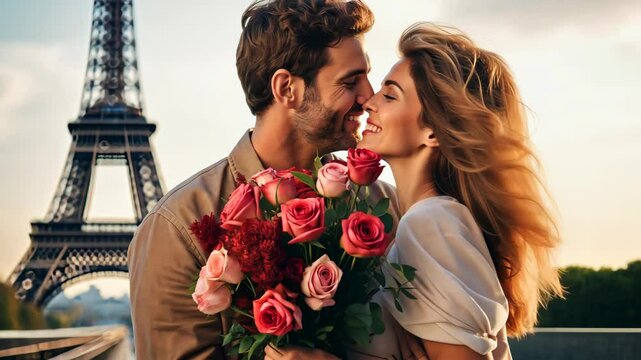 A man and a woman in love in Paris against the backdrop of the Eiffel Tower with flowers. Selective focus. Couple.
