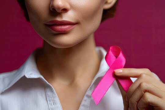 Woman holds a pink breast cancer awareness ribbon against a pink background