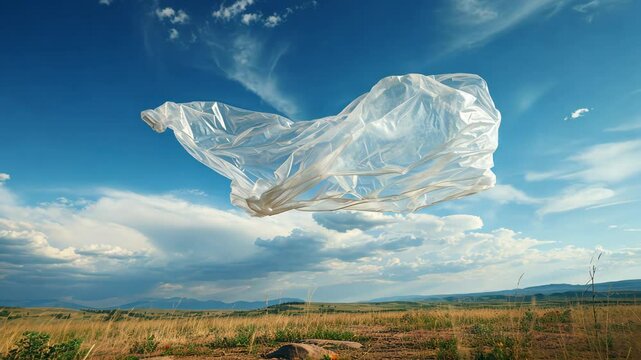 A plastic bag flies. Selective focus. Nature.