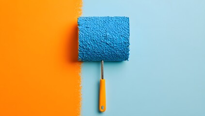 Obraz premium Paint Roller on Orange and Blue Background: Home Improvement, DIY Painting, Color Palette, Interior Design, Wall Decor