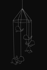 A black and white drawing of a whale mobile hanging from a string, featuring several whales of various sizes and colors arranged in a circular shape. The solid black background creates a striking.