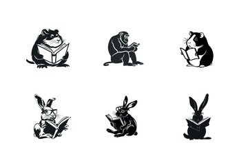 Naklejka premium Cute animals reading books silhouette illustrations