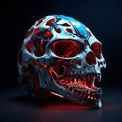 4K Futuristic Dinosaur Skull Fossil with Glowing Neon Circuitry on Black Background