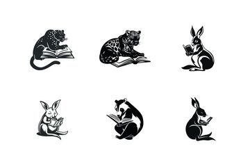 Obraz premium Animals reading books black and white illustrations