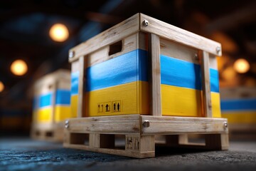 Wood crates painted with Ukrainian colors rest on pallets in a warehouse setting lit by ceiling lights