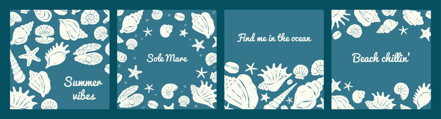 Collection of square cards with hand drawn seashells and text on blue green background. Rough lines and italian sketch style. Flat vector illustration. Perfect for poster, cover, social media.