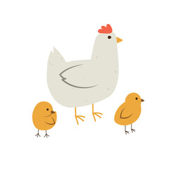 Isolated flat vector illustration of hen with two yellow chicks on white background. Cottagecore lifestyle.