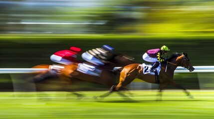 Motion blur image of a horse racing competition on a dirt track. The horses are running fast and are in close competition.