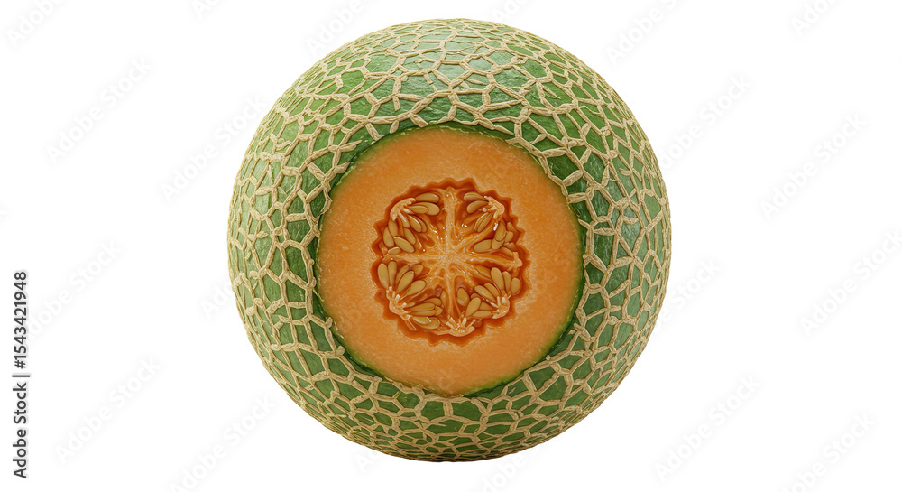 Poster Close up view of a sliced cantaloupe melon against a black background
