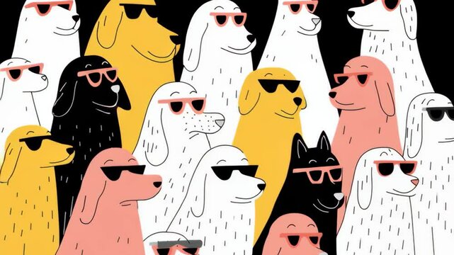 Hand drawn style illustration of cool dogs wearing summer sunglasses
