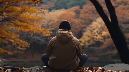 Man sitting enjoying autumn landscape view outdoors nature photography travel destination scenic beauty fall season