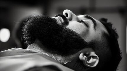 Naklejka premium A black and white close-up photo of a man getting his beard trimmed. The man is relaxed with his eyes closed.