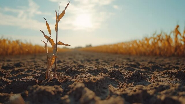 Crops struggle to grow in a dry cracked field. Climate change and agriculture.