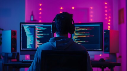 Programmer coding on computer with dual monitors at night, developer working on software project