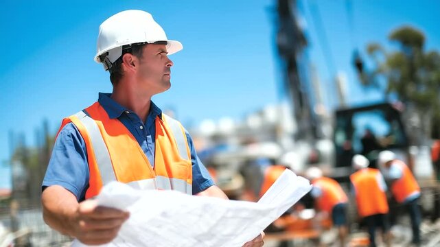 Asian engineer with a hard hat and reflective vest, standing on the construction site, pointing to the site plan while workers continue their tasks in the background
